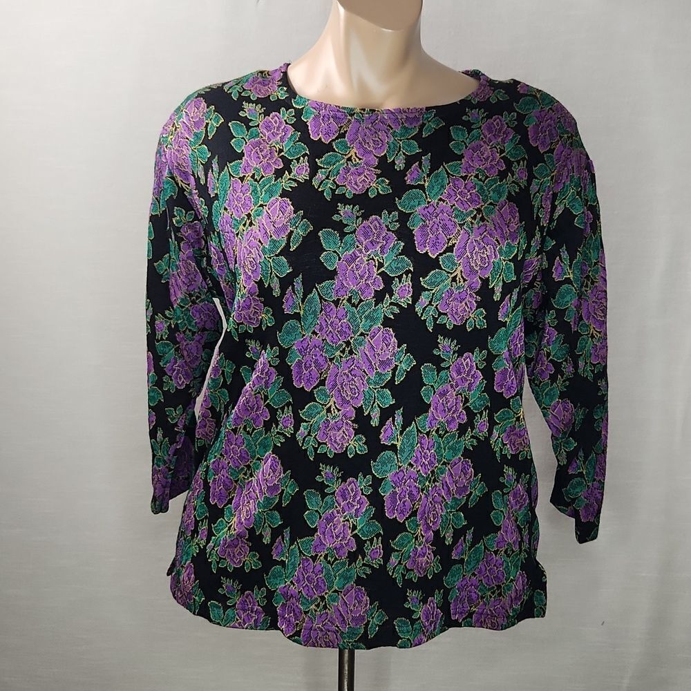 Vintage Floral Blouse Black Purple Green Shoulder Pads Long Sleeve Women’s 1X